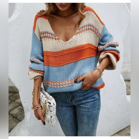 Amazon Sweaters - Amazon Striped Blue and Orange Women's Sweater size XL